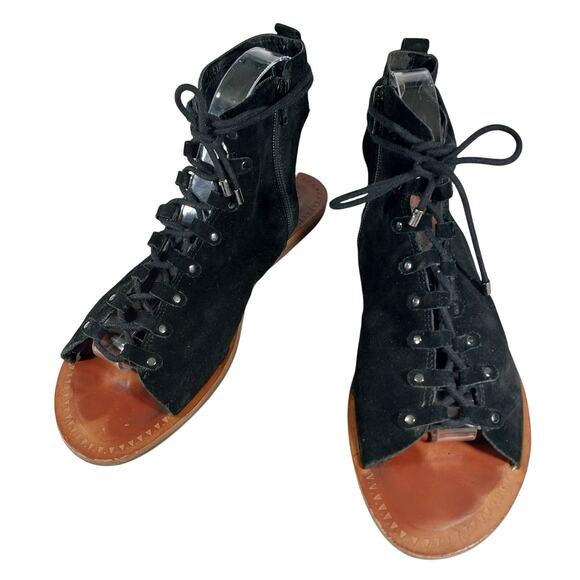 GIANNI BINI! BLACK GENUINE SUEDE LEATHER GREEK STYLE LACE-UP/ZIP SANDALS! SZ 10M - Picture 2 of 13